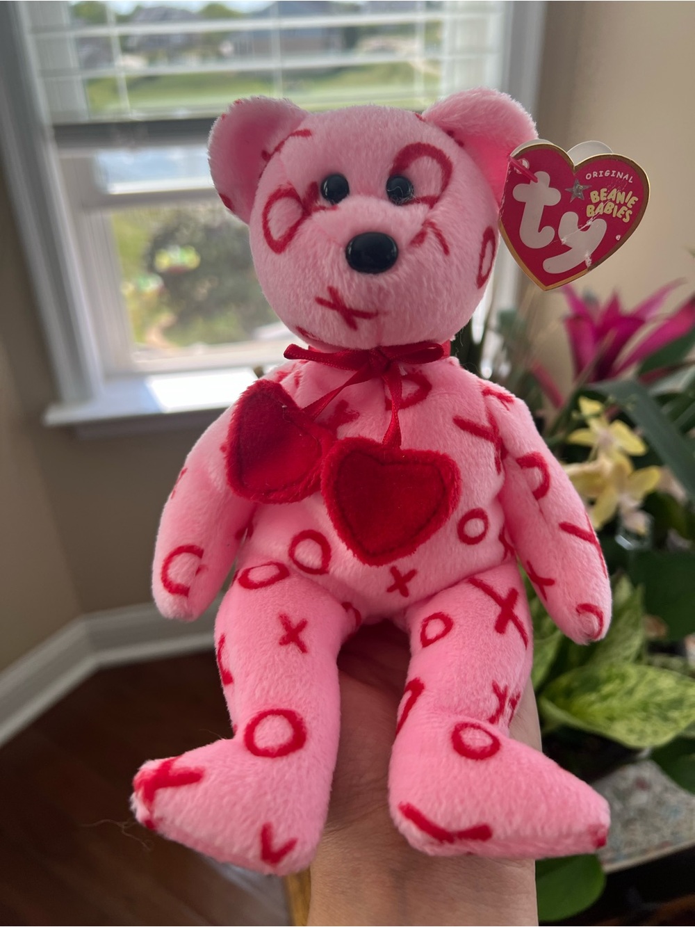 Ty Pink Plush Bear with Red Heart Accents